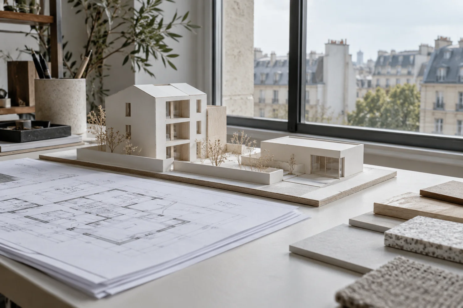 Maquette de volume et documents de travail dans un atelier d’architecture — illustration