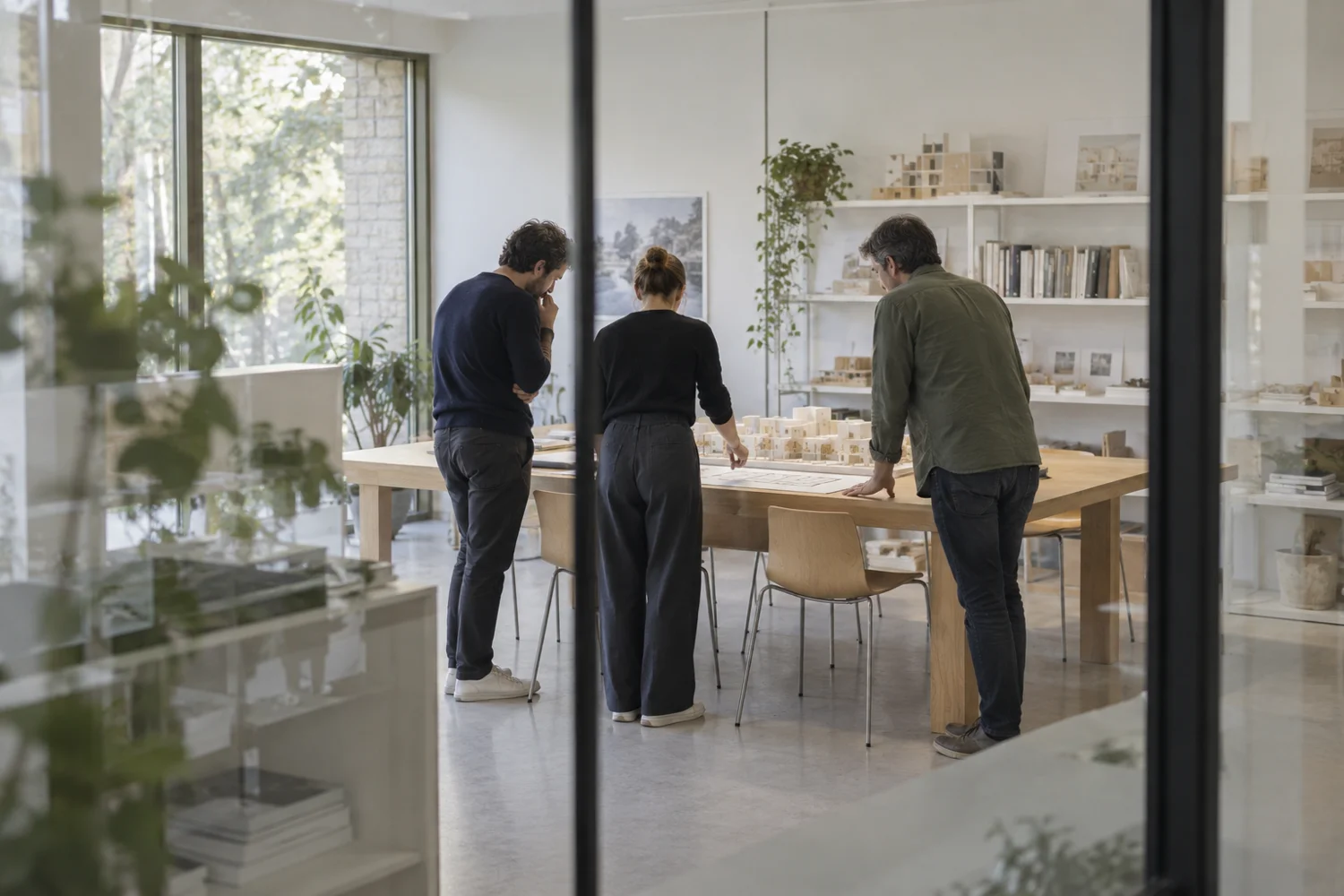 Réunion autour d’un projet d’architecture, vue à distance à travers une cloison vitrée — illustration