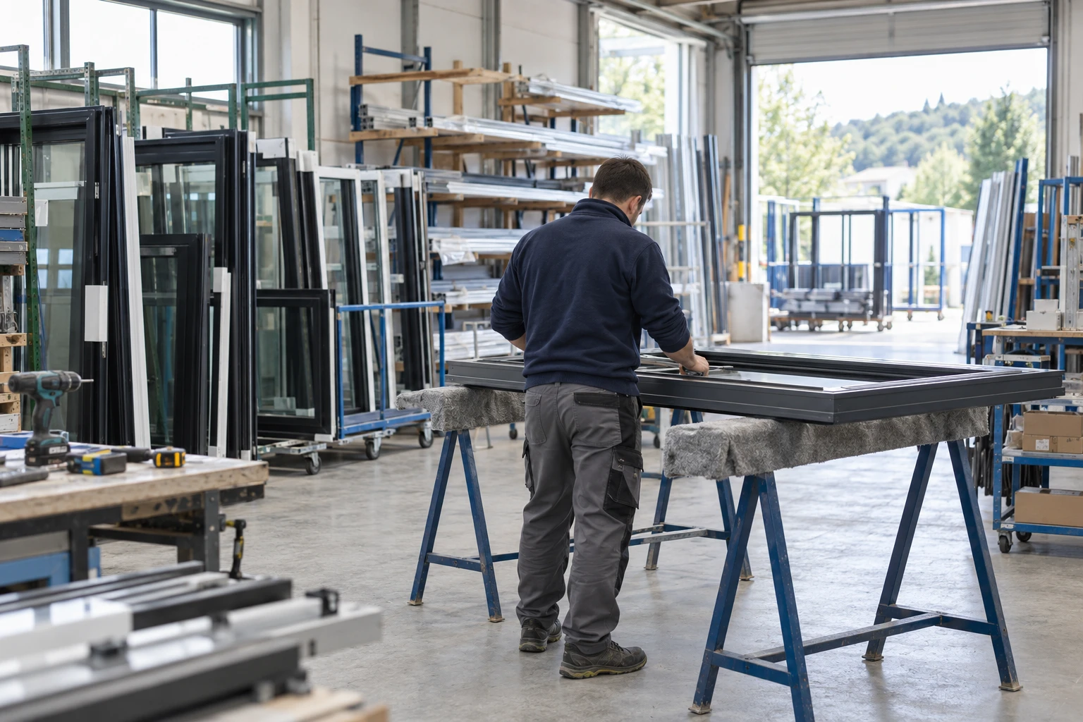Atelier de menuiserie aluminium, avec un professionnel vérifiant un cadre