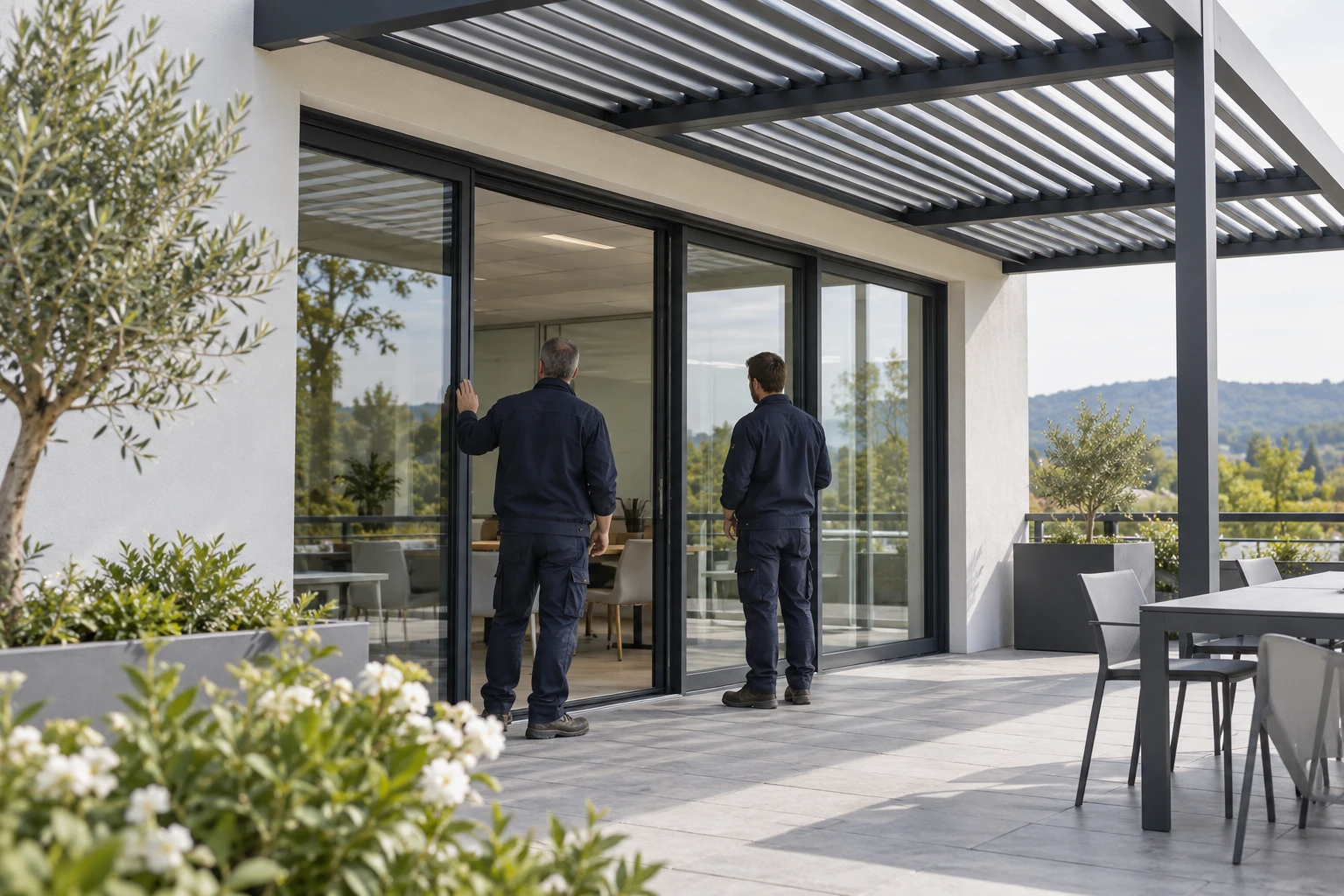 Deux professionnels contrôlent une menuiserie vitrée avec protection solaire