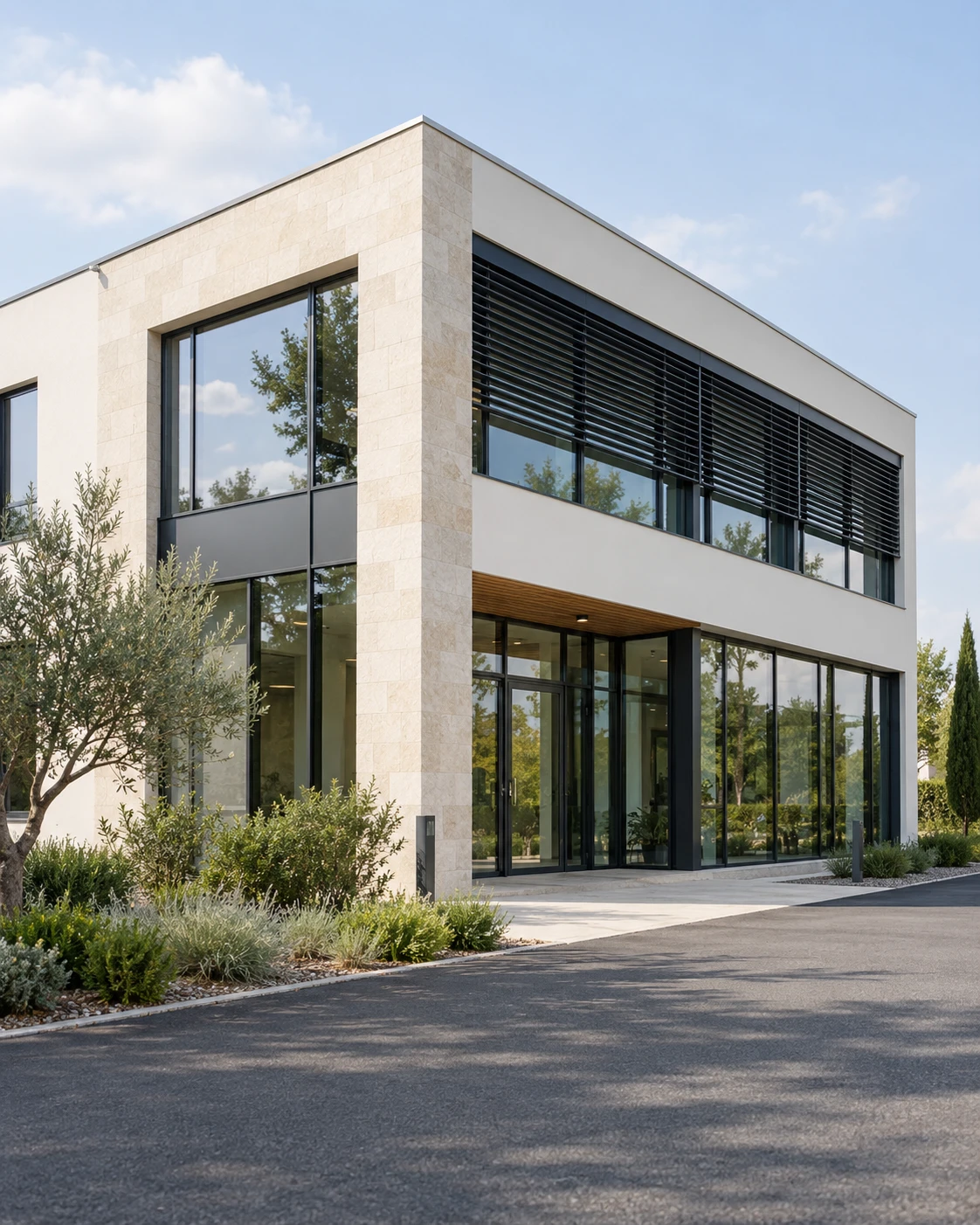 Menuiseries et protection solaire sur une façade contemporaine