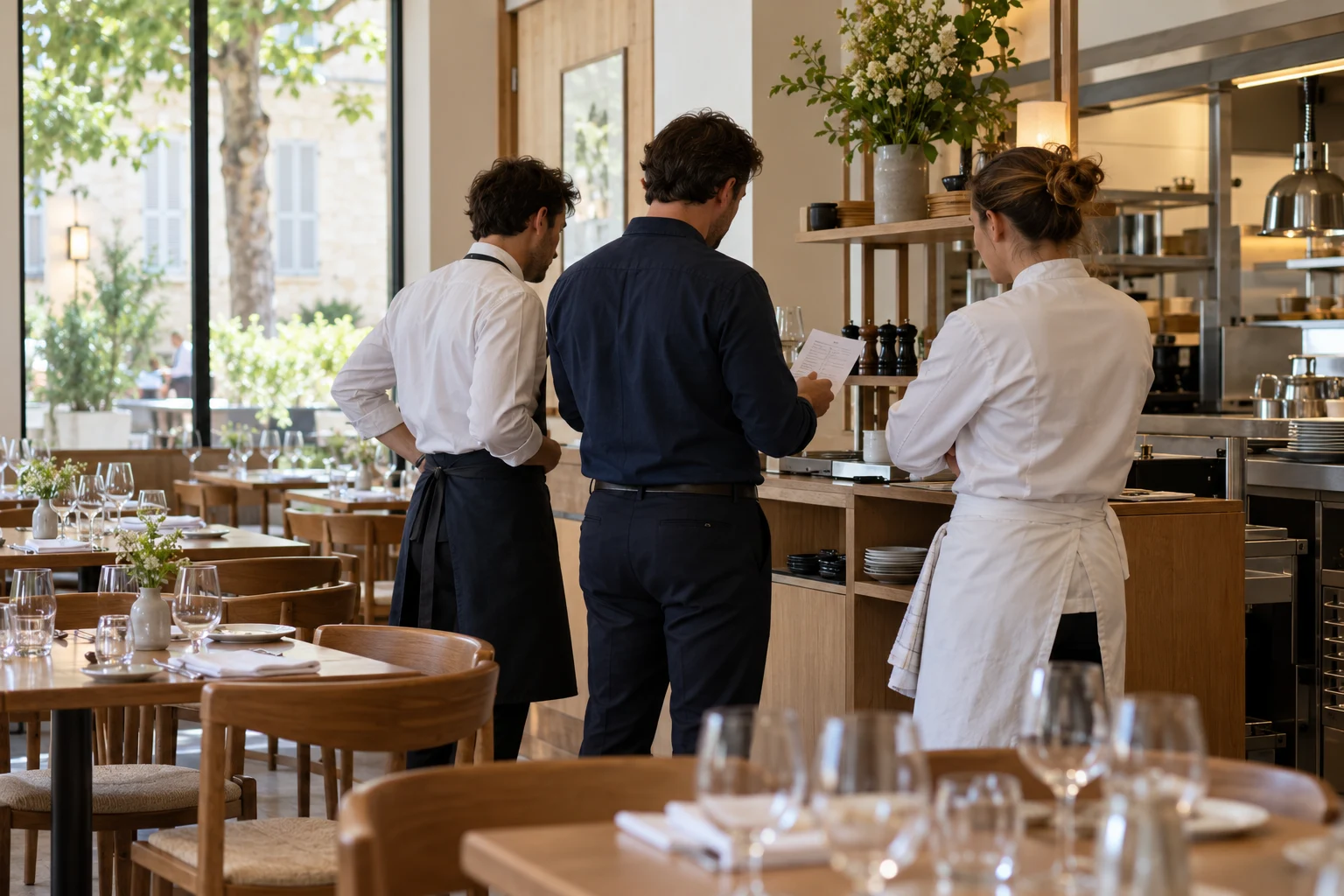 Préparation du service entre trois membres d’une équipe d’hôtel-restaurant, vus à distance