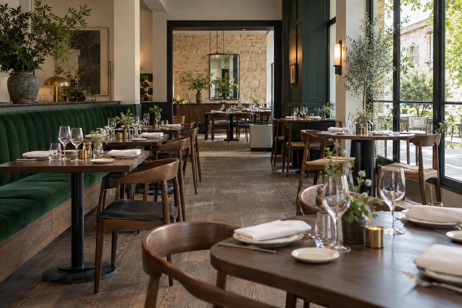 Salle de restaurant contemporaine, tables dressées et lumière naturelle